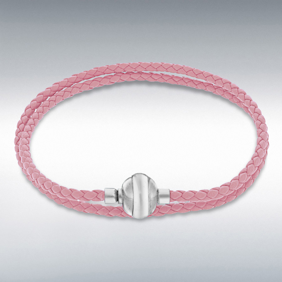 Sterling Silver Pink Plaited Leather Wrap Bracelet 41cm/16"