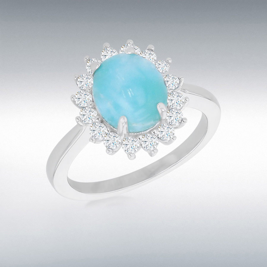 Sterling Silver Rhodium Plated CZ and Larimar 12mm x 13.5mm Cluster Ring