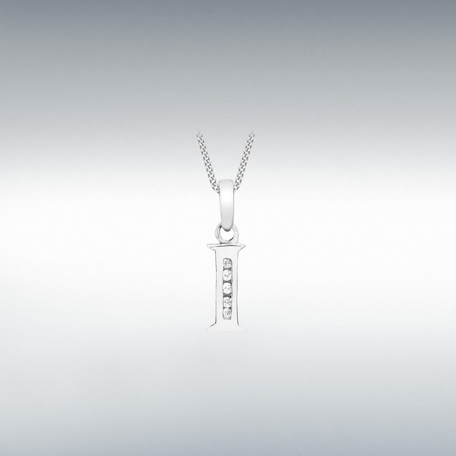 9ct White Gold CZ 4mm x 12mm 'I' Initial Pendant