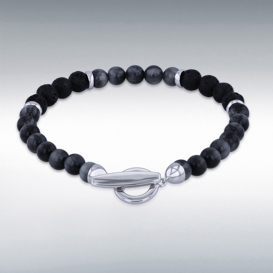 Sterling Silver Rhodium Plated 6mm Lava Bead and Eagle Eye Bead T-Bar Bracelet 20cm/8"