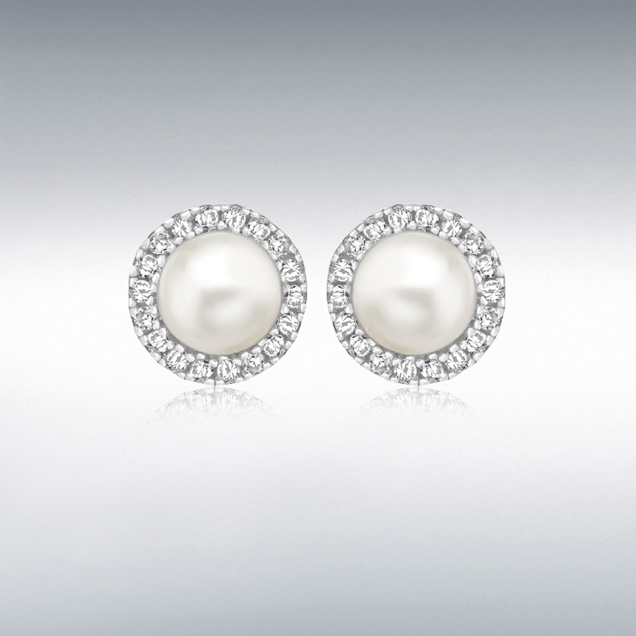 Sterling Silver Rhodium Plated CZ and Freshwater Pearl 7.7mm Stud Earrings