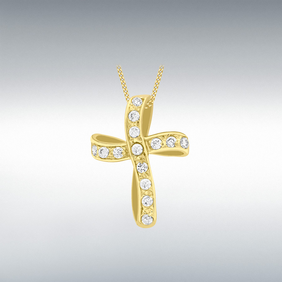 9ct Yellow Gold Twisted CZ 12mm x 19m Cross Pendant