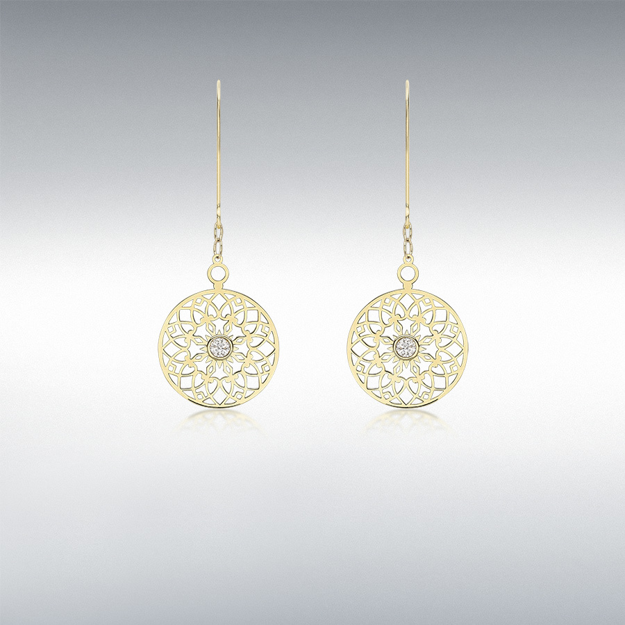 9ct Yellow Gold 2.5mm CZ 15mm Cutout-Disc 15mm x 42mm Drop Earrings