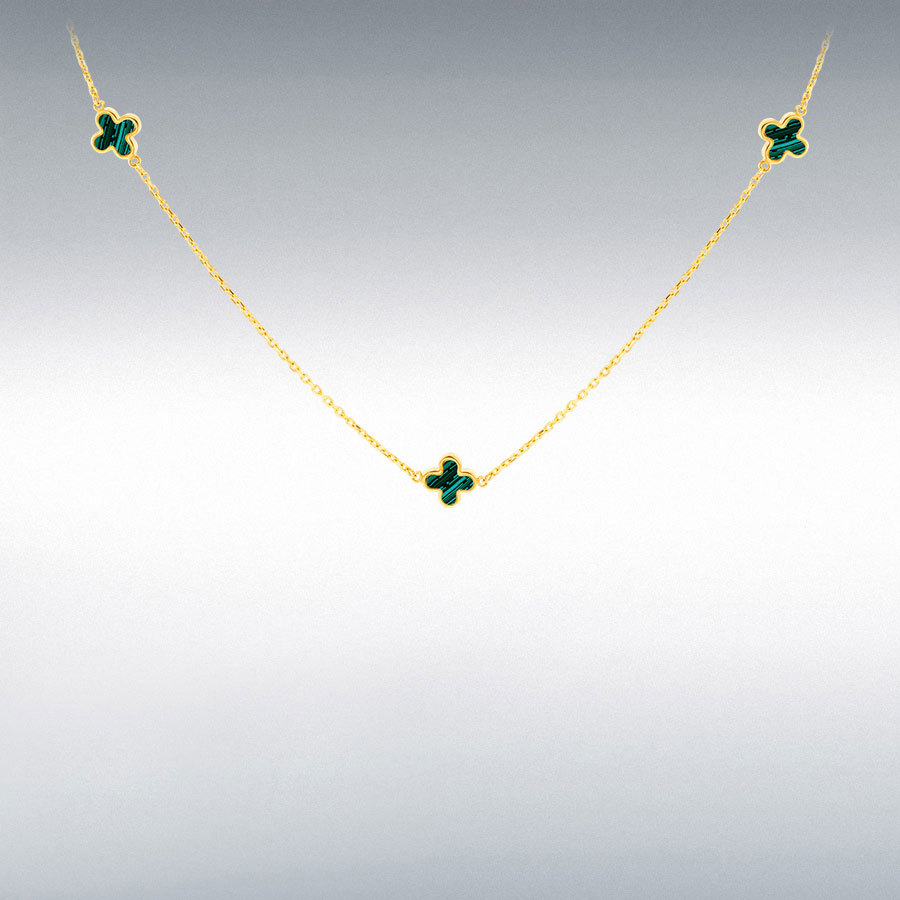 9ct Yellow Gold 3 x 6.5mm Malachite Clover Petals Necklace 41-43cm/16-17"