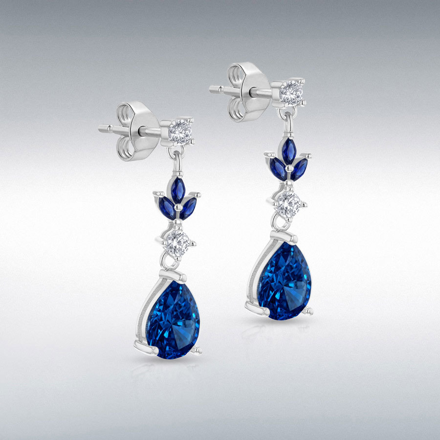 Sterling Silver Rhodium Plated White Round CZ and Blue Glass Marquise and Teardrop Drop Earring