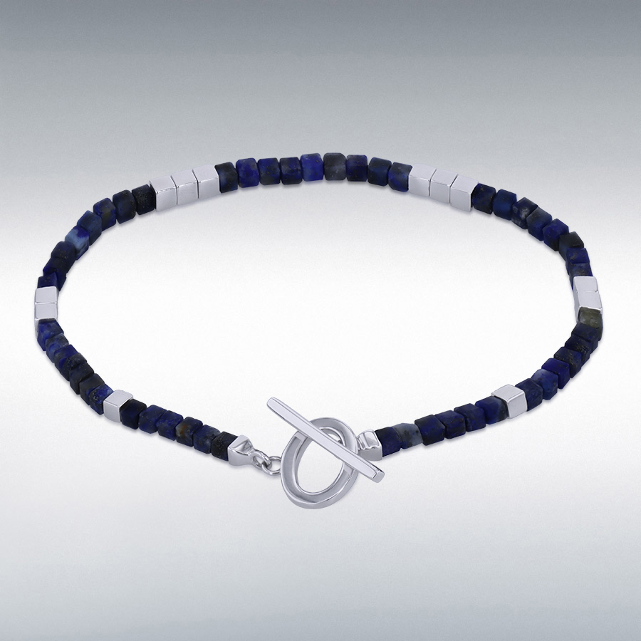 Sterling Silver Rhodium Plated 2.5mm Square Lapis Lazuli Bead T-Bar Bracelet 19cm/7.5"