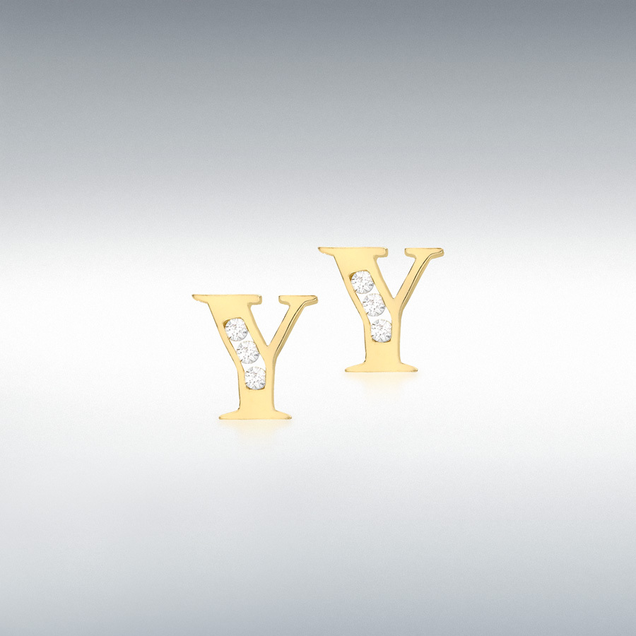 9ct Yellow Gold CZ 6mm x 6mm 'Y' Initial Stud Earrings