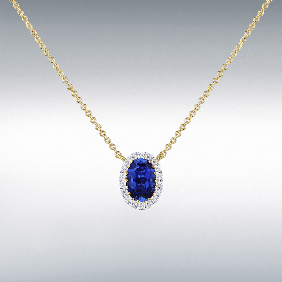 9ct Yellow Gold 0.07ct Round Lab Created  Diamond and 6mm x 4mm Lab Created Sapphire Cluster Necklace 41cm/16"-46cm/18"