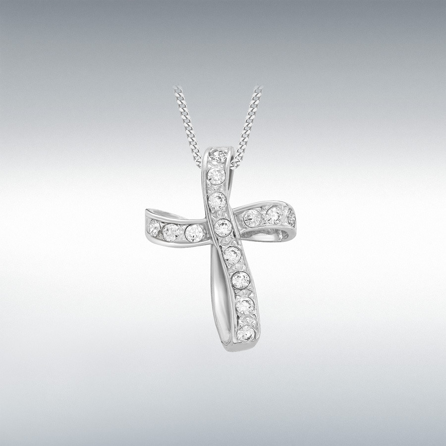 9ct White Gold CZ 12mm x 16mm Twist Cross Pendant