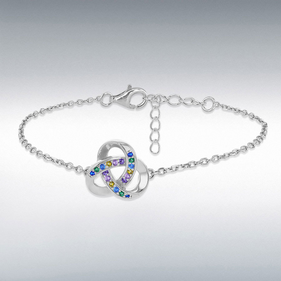 Sterling Silver Rhodium Plated Trinity Knot Multi Coloured CZ Bracelet