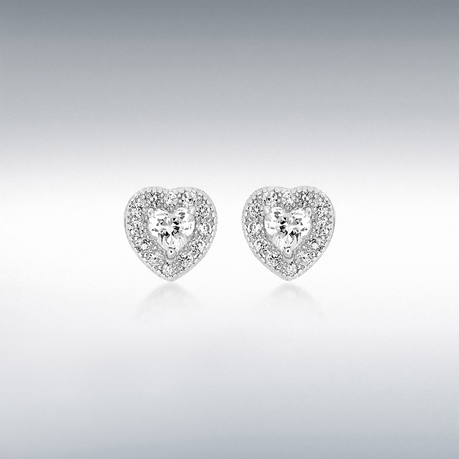 Sterling Silver Rhodium Plated CZ 6mm x 6mm Heart Earrings
