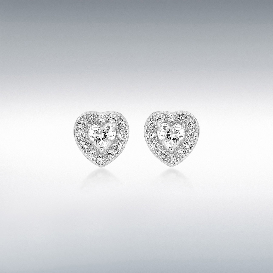 Sterling Silver Rhodium Plated CZ 6mm x 6mm Heart Earrings