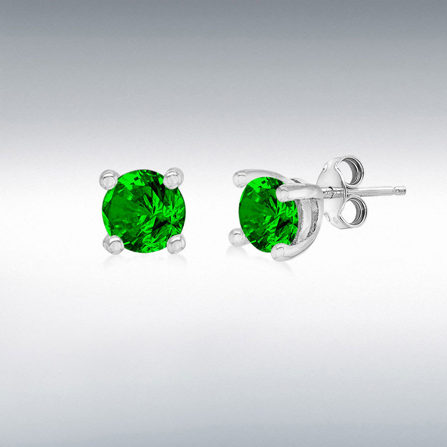 Sterling Silver Rhodium Plated Emerald 4mm Glass Stone May Birthstone Stud Earring