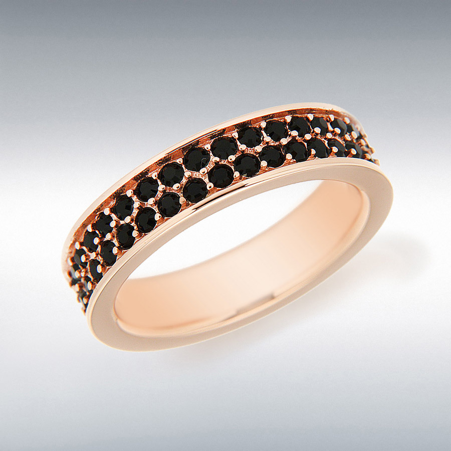 Sterling Silver Rose Gold Plated Double Row Black Crystal Band Stacking Ring