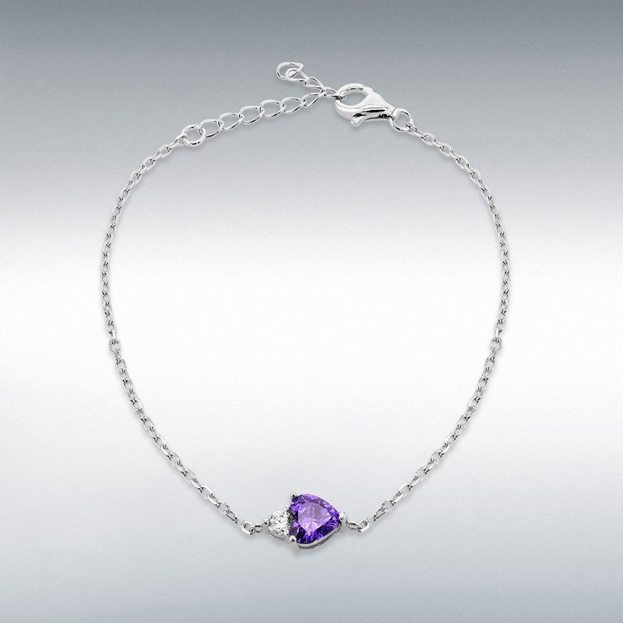 Sterling Silver Rhodium Plated 6mm Heart Shape Light Purple CZ with 3mm Round White CZ Bracelet