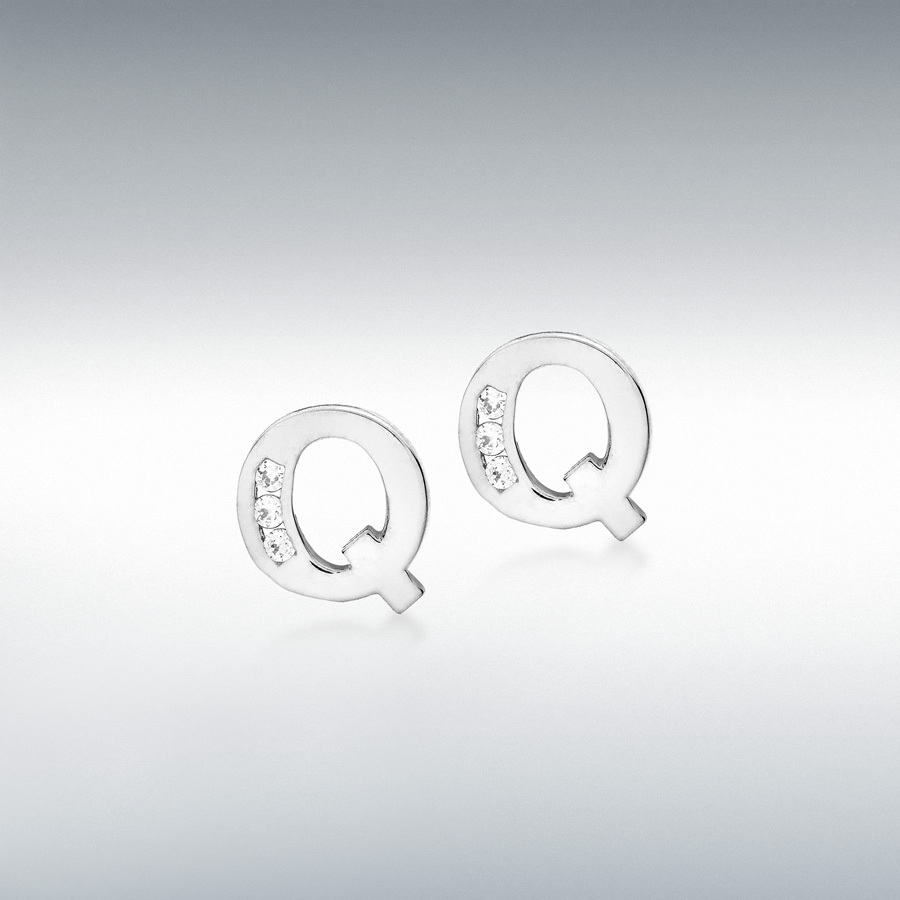 9ct White Gold CZ 7mm x 7mm 'Q' Initial Stud Earrings