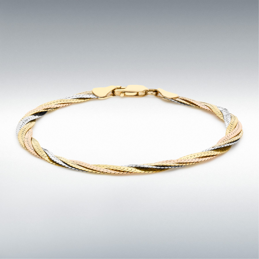 9ct 3-Colour Gold 4-Plait Diamond Cut Herringbone Bracelet 18cm/7"