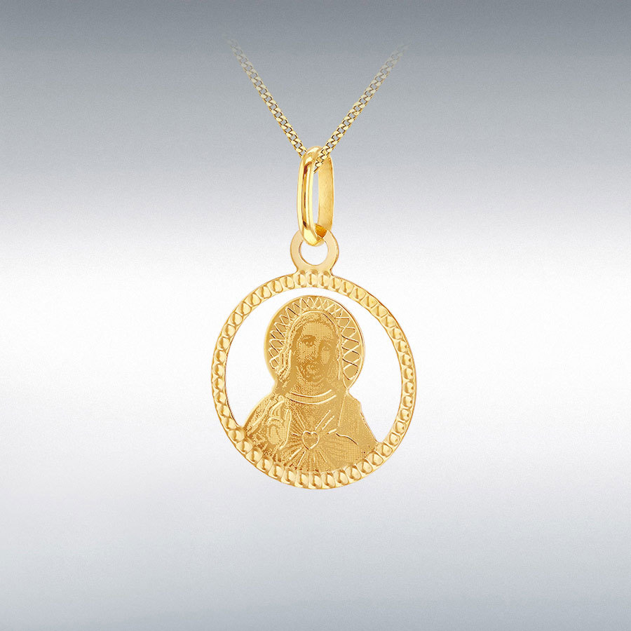 9ct Yellow Gold 14.5mm Diamond Cut Round Christ Pendant