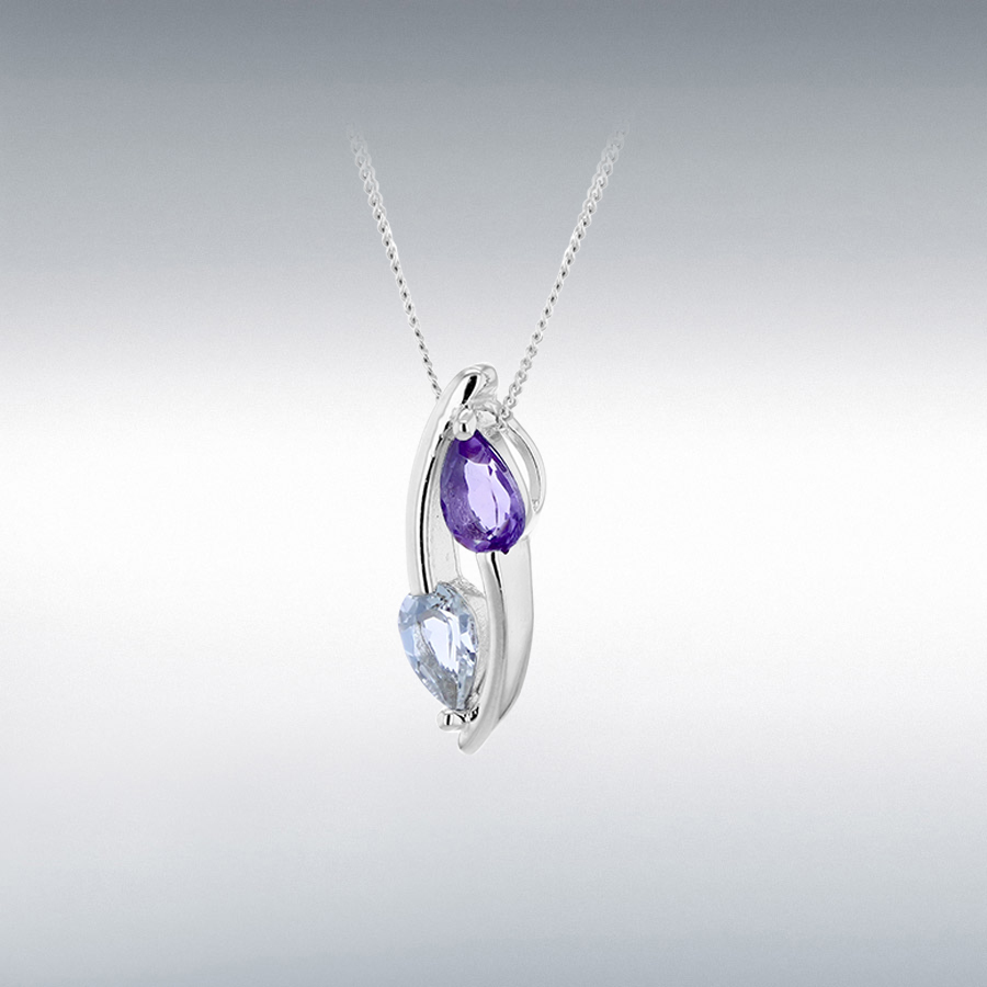 Sterling Silver Rhodium Plated Amethyst and Blue Topaz 6mm x 18.5mm Wrap-Around Slider Pendant