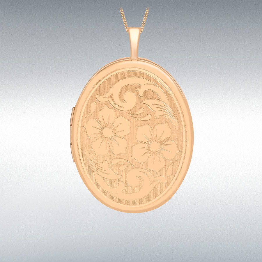 9ct Rose Gold 20mm x 32mm Etched Flower-Detail Oval Locket