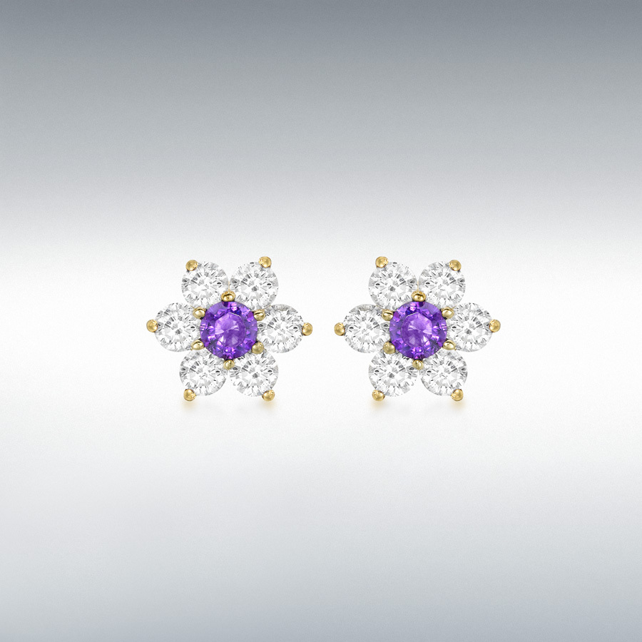 9ct Yellow Gold Round Purple and White CZ 10mm x 10mm Flower Cluster Stud Earrings