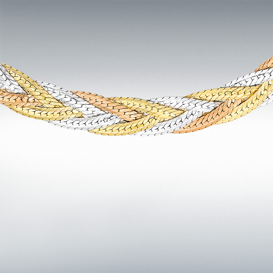9ct 3-Colour Gold 3-Plait Textured Herringbone Necklace 41cm/16"