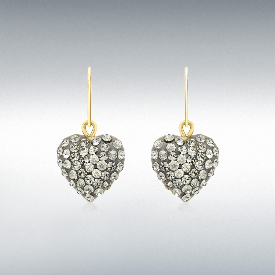 9ct Yellow Gold Grey Crystalique 10mm x 21mm Heart Drop Earrings