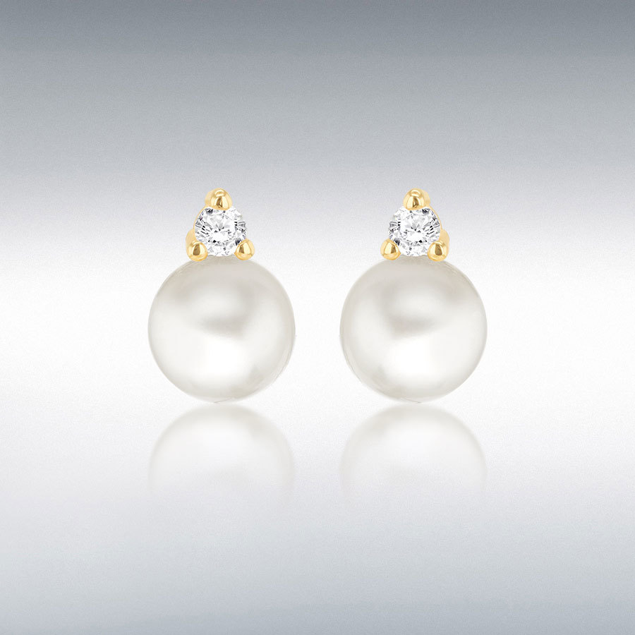 9ct Yellow Gold Fresh Water Pearls with Round White CZ Stud Earrings