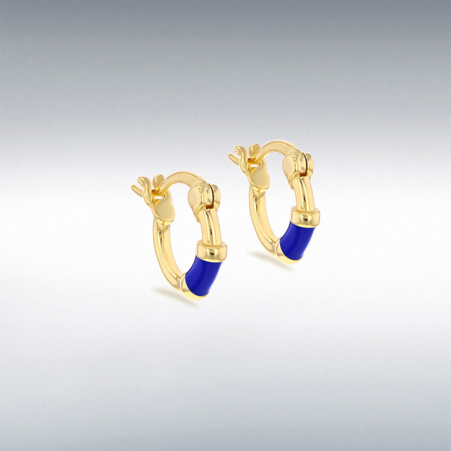 Sterling Silver Yellow Gold Plated 10mm Blue Enamel Huggie Hoop Earrings