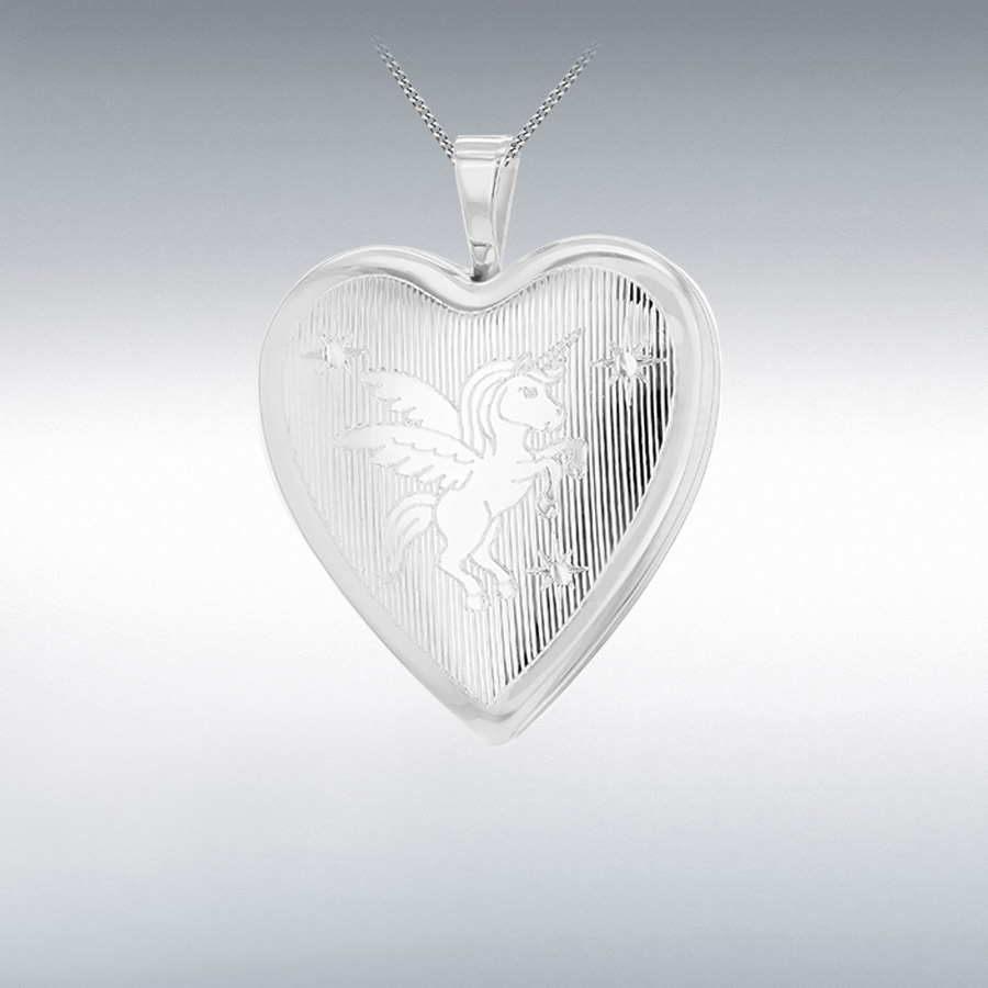 Sterling Silver Rhodium Plated 20mm x 25mm Heart Unicorn Locket