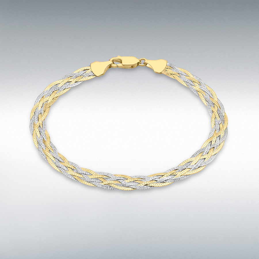 9ct 2-Colour Gold 6-Plait Textured Herringbone Bracelet 18cm/7"