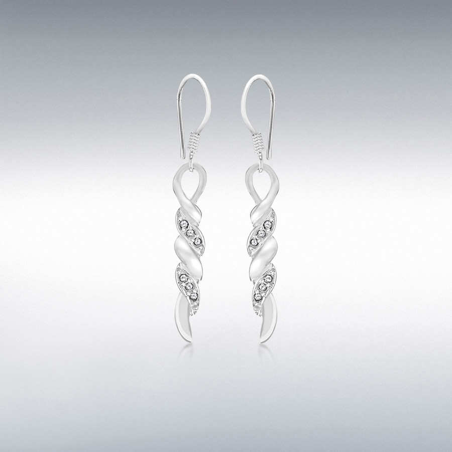 Sterling Silver White Crystal 4.1mm x 38.8mm Twist Bar Drop Earrings