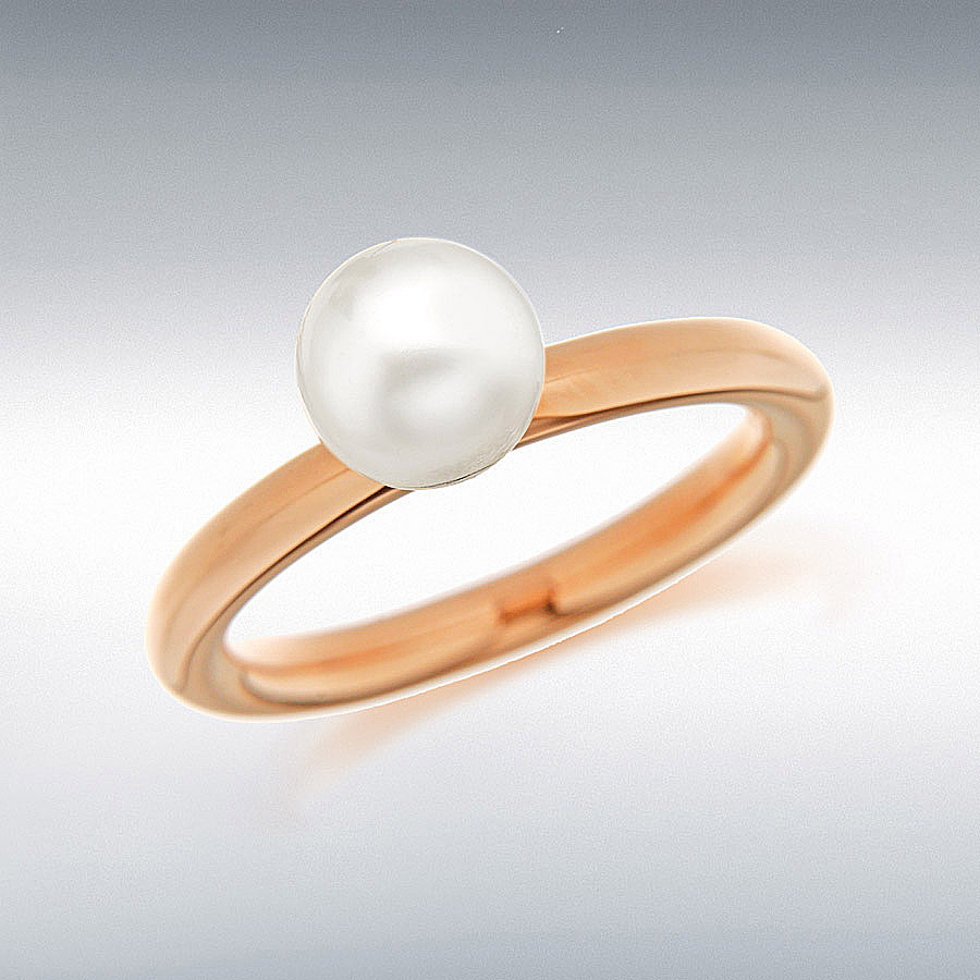 Sterling Silver Rose Gold Plated White Simulated Pearl Stacking Ring