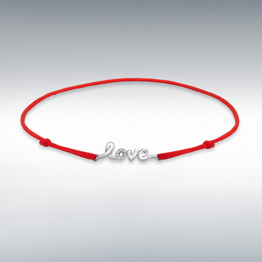 9ct White Gold 0.03ct Diamond 'Love' on Adjustable Red Silk Bracelet 14cm/5.5"