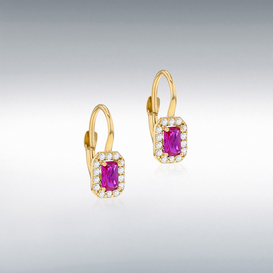 9ct Yellow Gold Emerald Cut Synthetic Ruby and White CZ Stud Earring