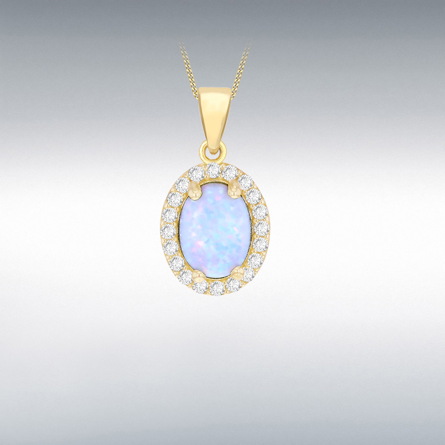 9ct Yellow Gold 9mm x 17mm Oval Synhetic Opal Halo with CZ Pendant