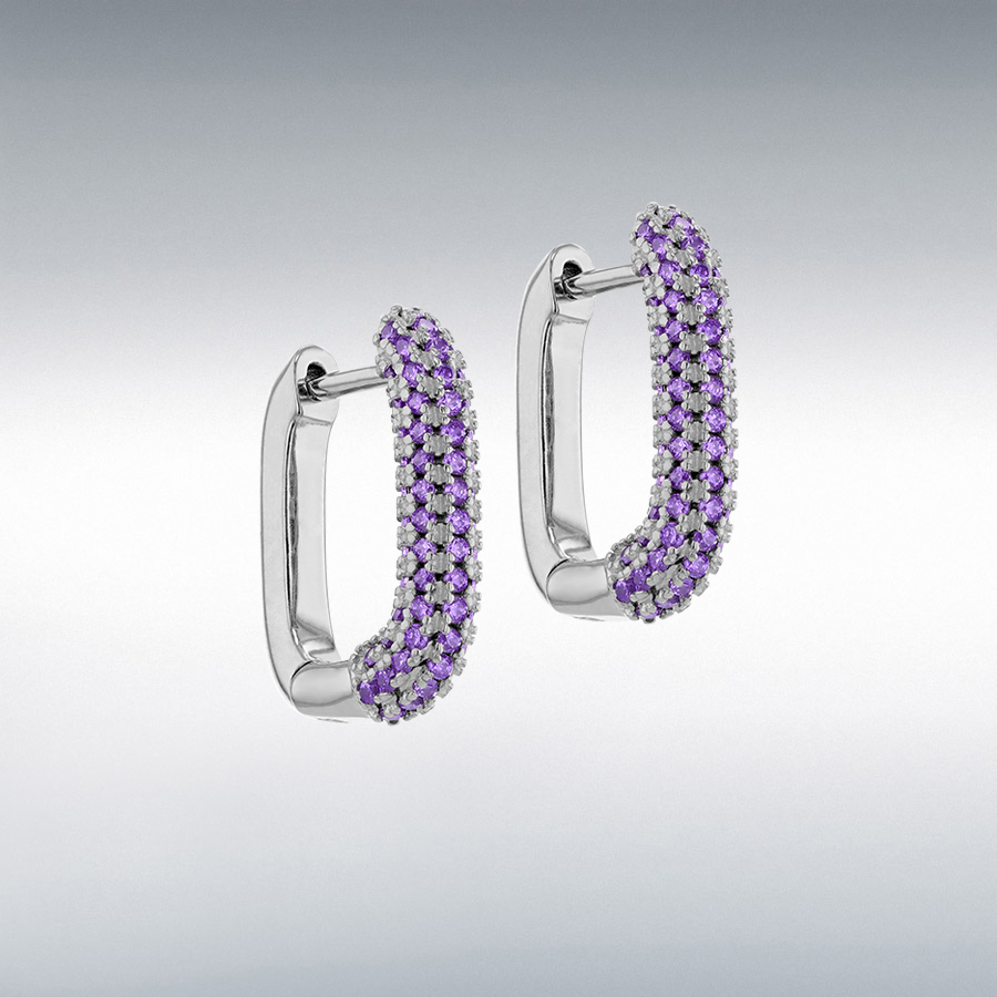 Sterling Silver Rhodium Plated with Violet CZ Creole Earrings