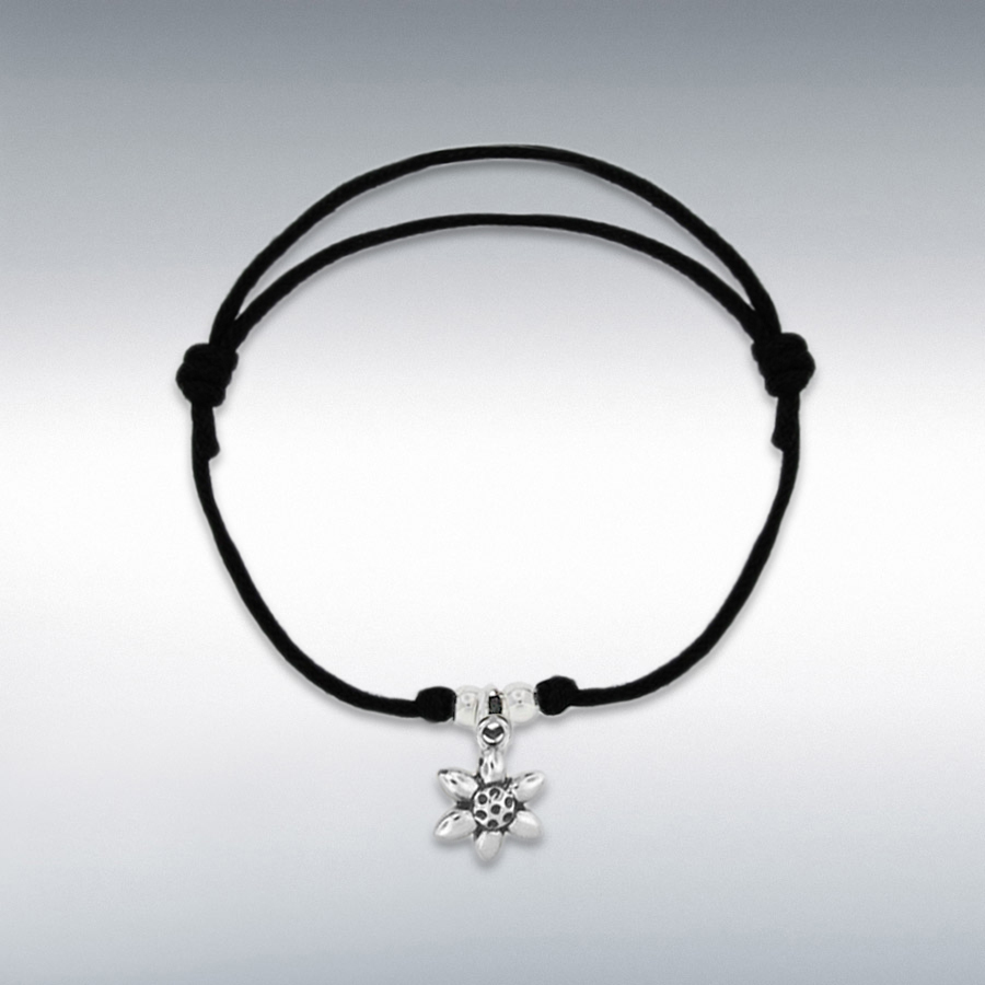 Sterling Silver Flower Black Cord Adjustable Bracelet 15cm/6"-25.5cm/10"