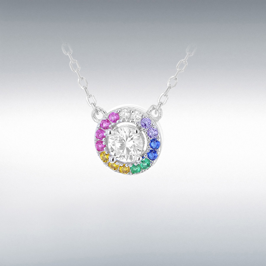 Sterling Silver Rhodium Plated Multi-Coloured CZ 10mm Disc Adjustable Necklace 42cm/16.5"-45cm/17.75"