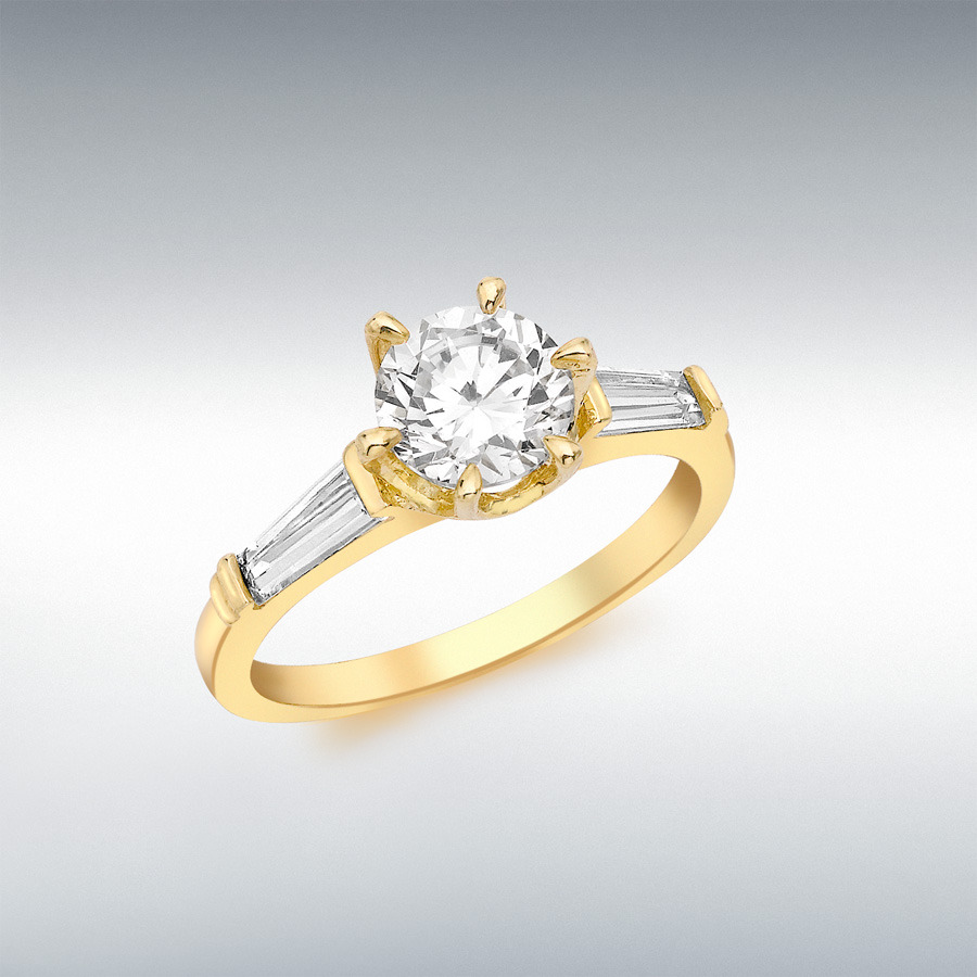 9ct Yellow Gold 6mm Round CZ Solitaire and CZ Baguette Shoulder Ring
