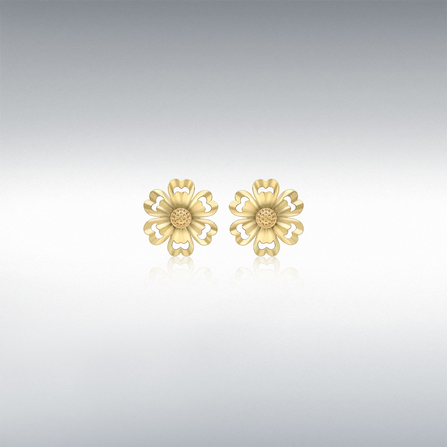 9ct Yellow Gold 9.5mm Satin and Polished Flower Stud Earrings