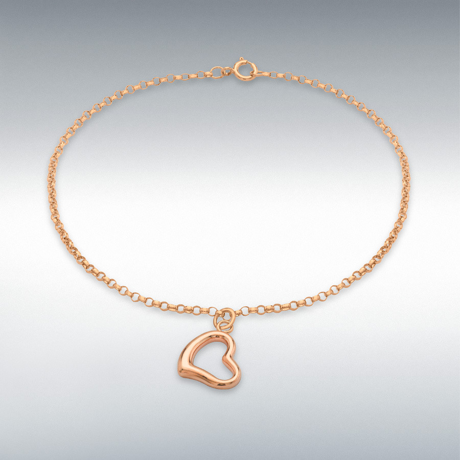 9ct Rose Gold 11mm x 10mm 'Heart'-Charm Round-Belcher-Chain Bracelet 18cm/7"