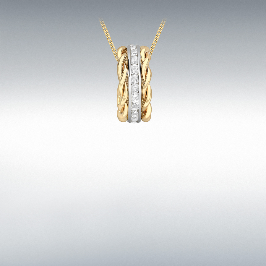 9ct 2-Colour Gold CZ 5.8mm x 13.9mm Twisted Circle Pendant