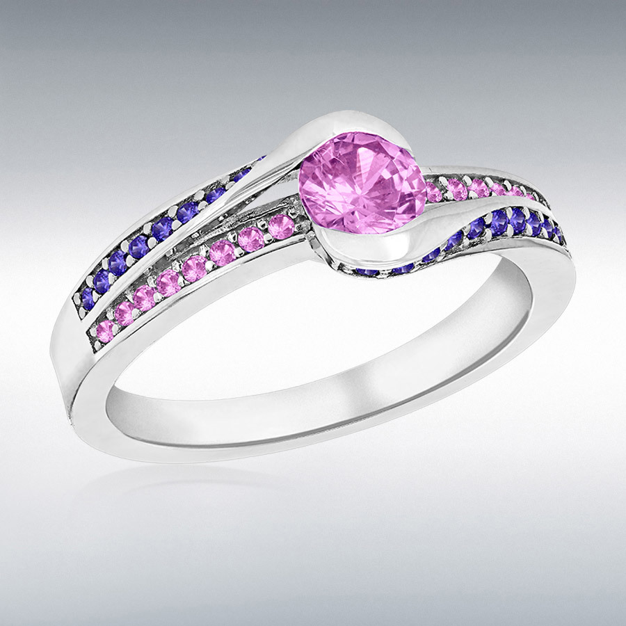 Sterling Silver Rhodium Plated Pink and Purple CZ Bypass-Shoulder Ring