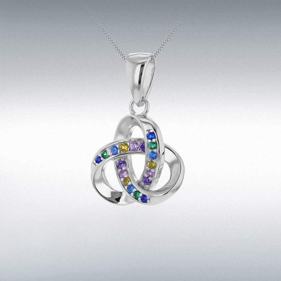 Sterling Silver Rhodium Plated Trinity Knot Multi Coloured CZ Pendant