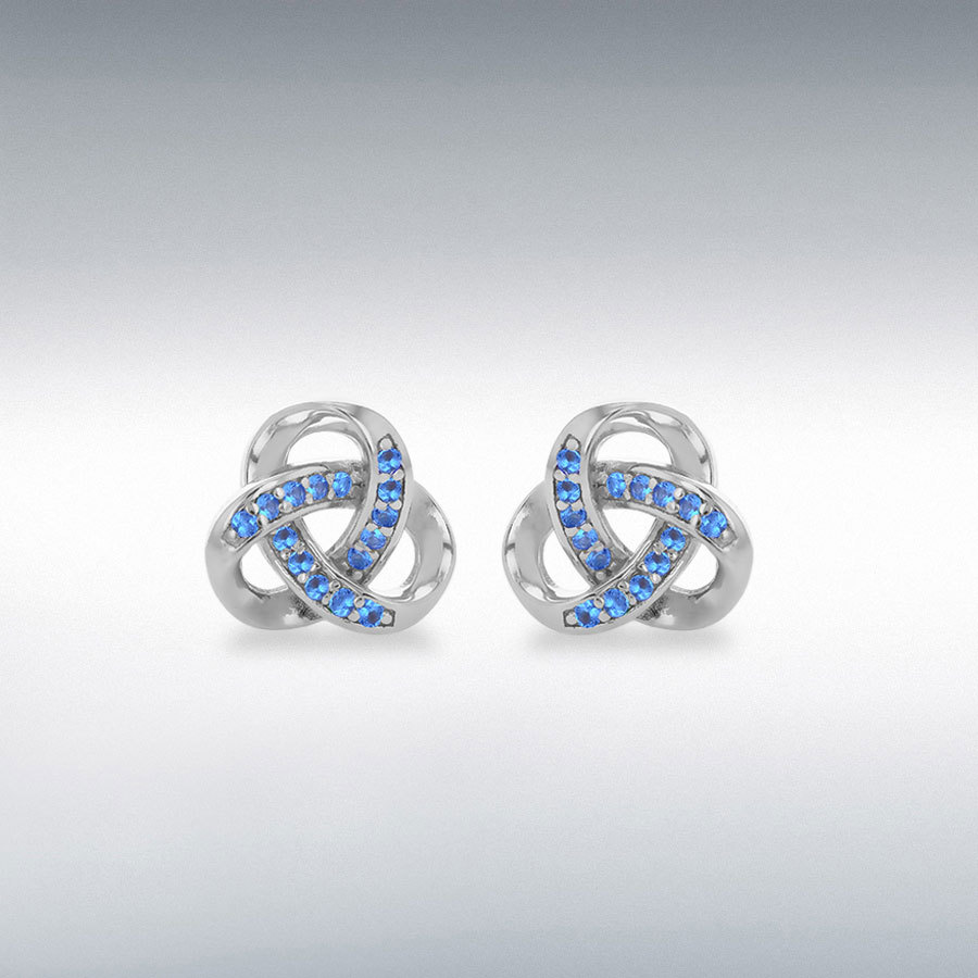 Sterling Silver Rhodium Plated Trinity Knot Blue CZ Earrings