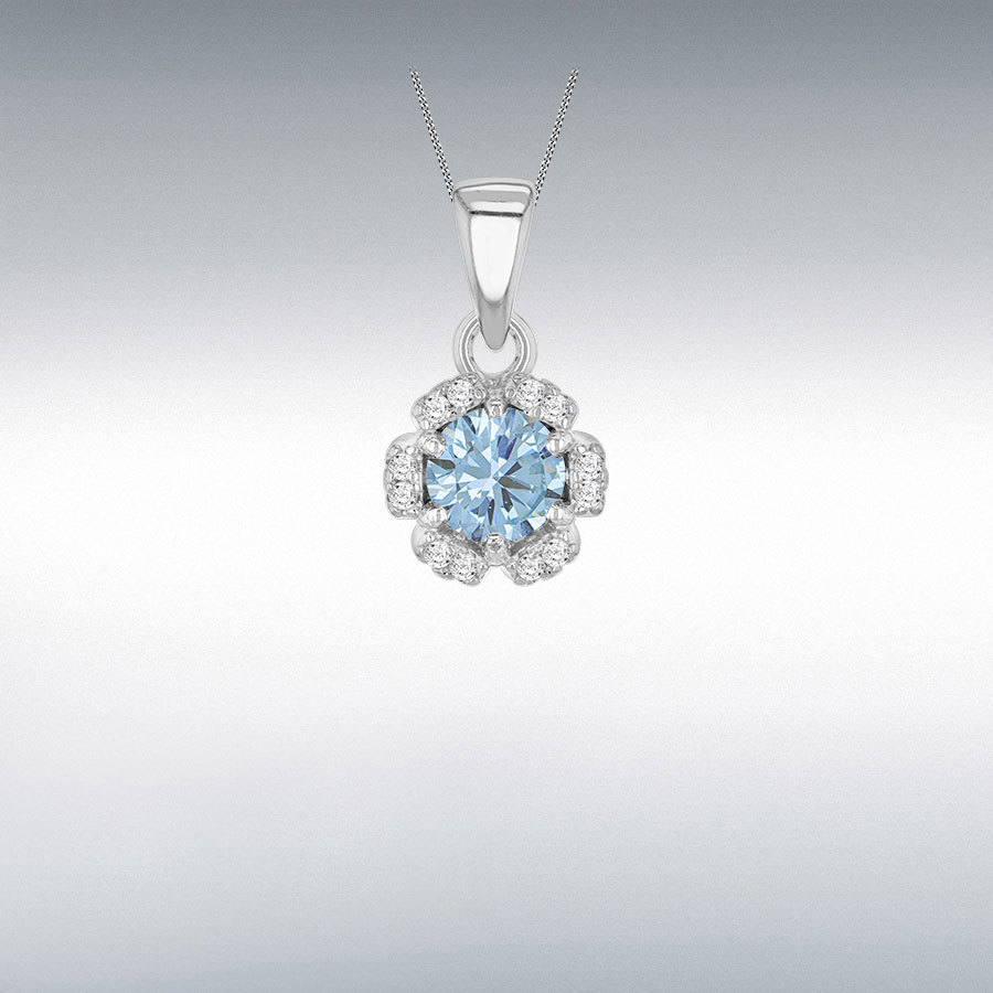 Sterling Silver Rhodium Plated 8mm Flower Petal Light Blue CZ Pendant
