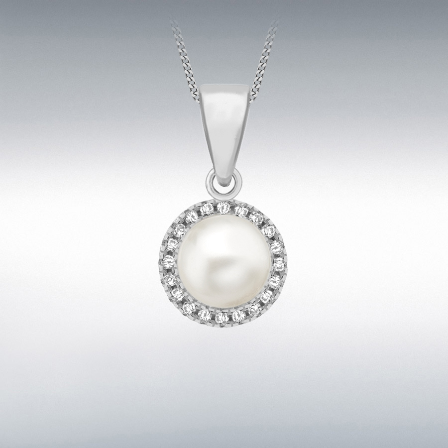 Sterling Silver Rhodium Plated CZ and Freshwater Pearl 9.4mm x 17.5mm Pendant
