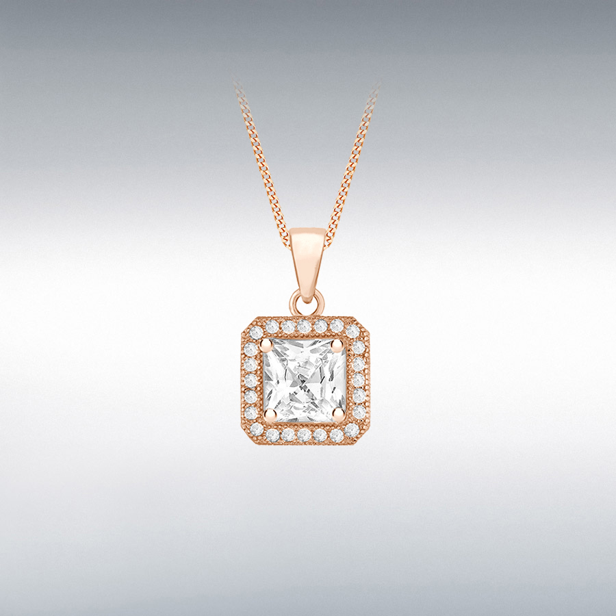 Sterling Silver Rose Gold Plated CZ 10mm x 17mm Square Pendant