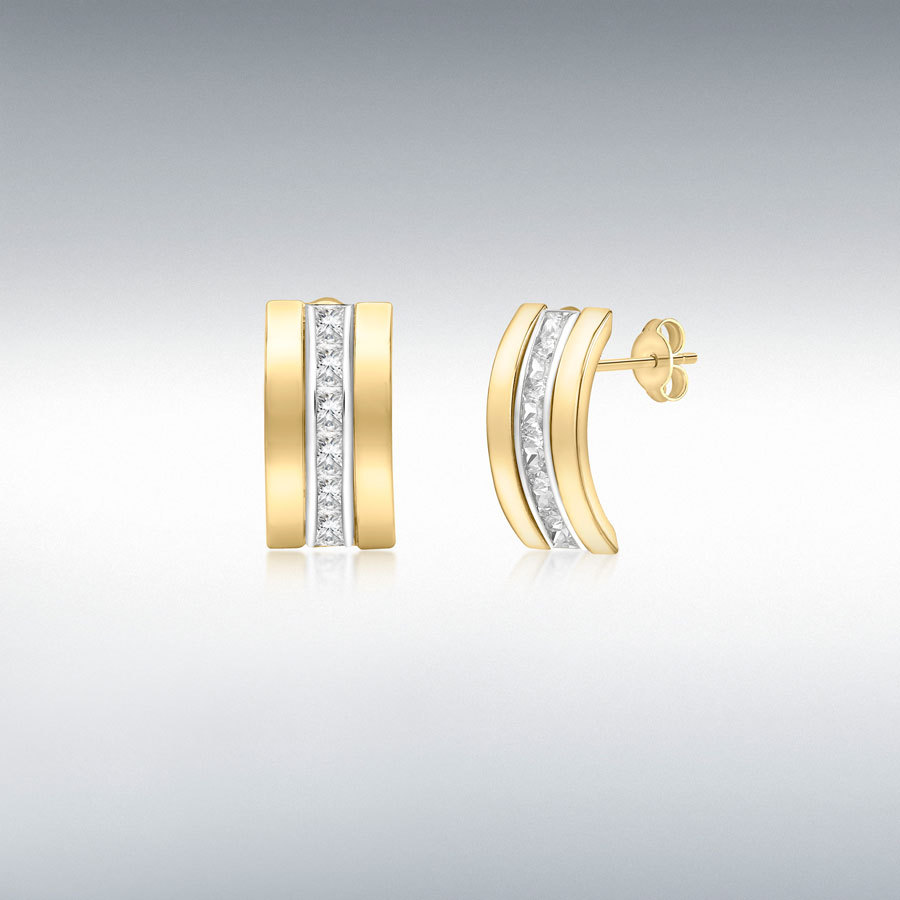 9ct 2-Tone Gold CZ 7.5mm x 15mm Triple-Bars Stud Earrings   